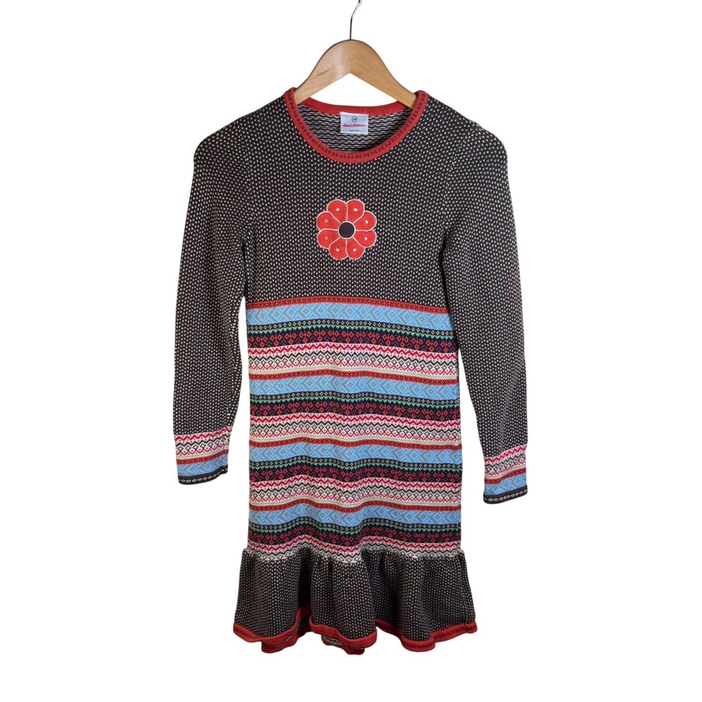 Hanna Andersson Sweater Dress Kids 150 Brown Fair Isle Floral Ruffle Knit Nordic